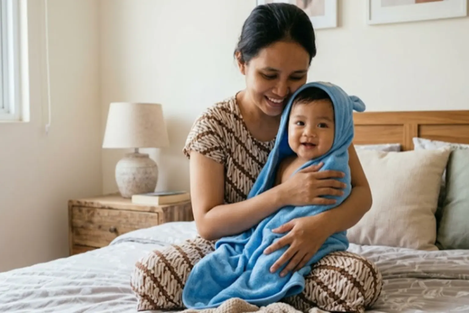Bunda menghanduki bayi Minyak Telon Bayi Harum