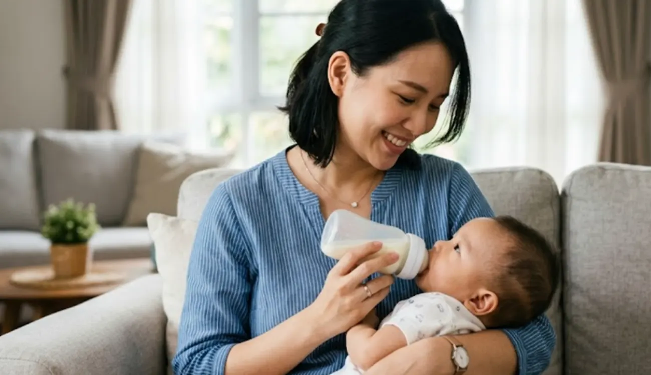 Bunda menyusui dengan botol susu untuk bayi baru lahir
